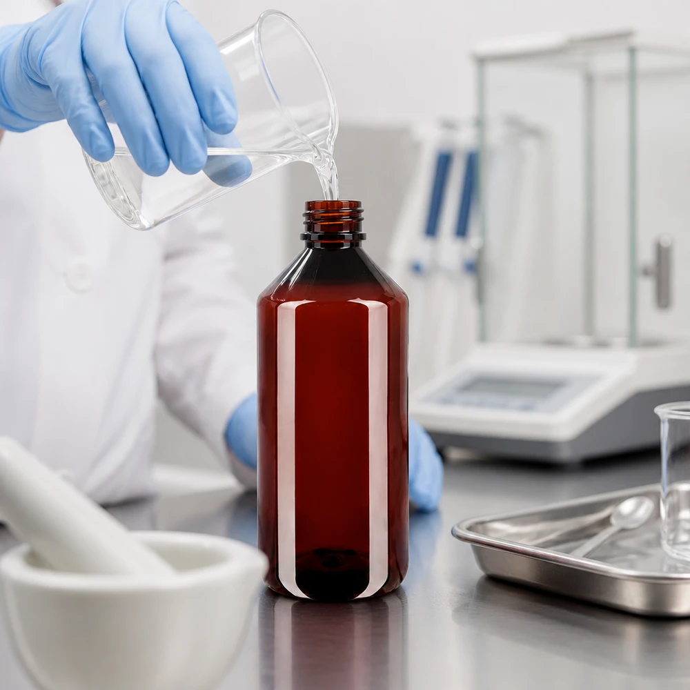 Butelka PET 1000 ml z czerwonym zamknięciem OV Farmaceuta napełnia brązową butelkę PET o pojemności 1000 ml, a w tle widać wagę analityczną