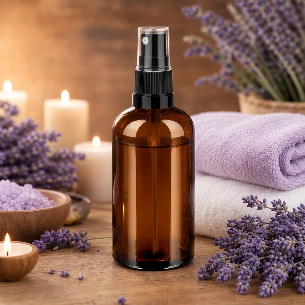 Elegancka szklana butelka o pojemności 100 ml w odcieniach brązu z praktycznym rozpylaczem dla urody i dobrego samopoczucia