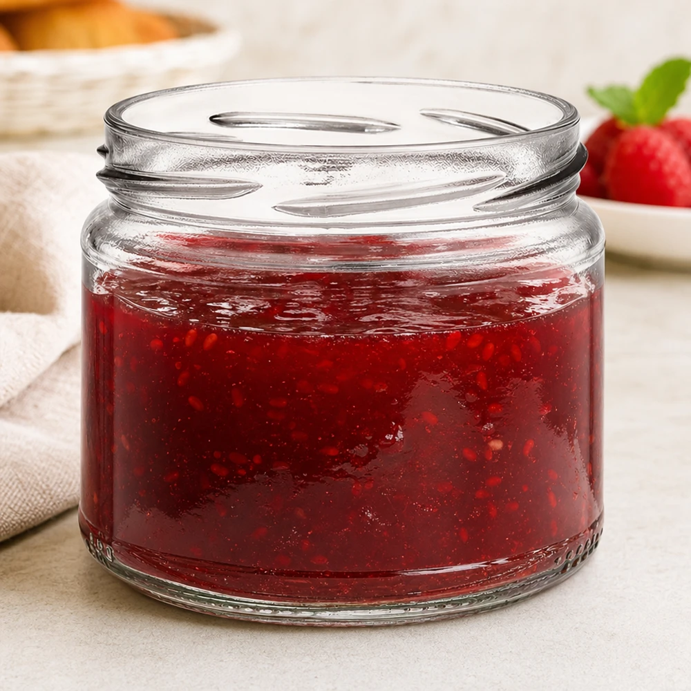 UNiTWIST Runda330 - Okrągła szklanka o pojemności 330ml TO82 UNiTWIST Runda330 okrągły słoik wypełniony czerwonym dżemem Dżem truskawkowy w tle Stół śniadaniowy