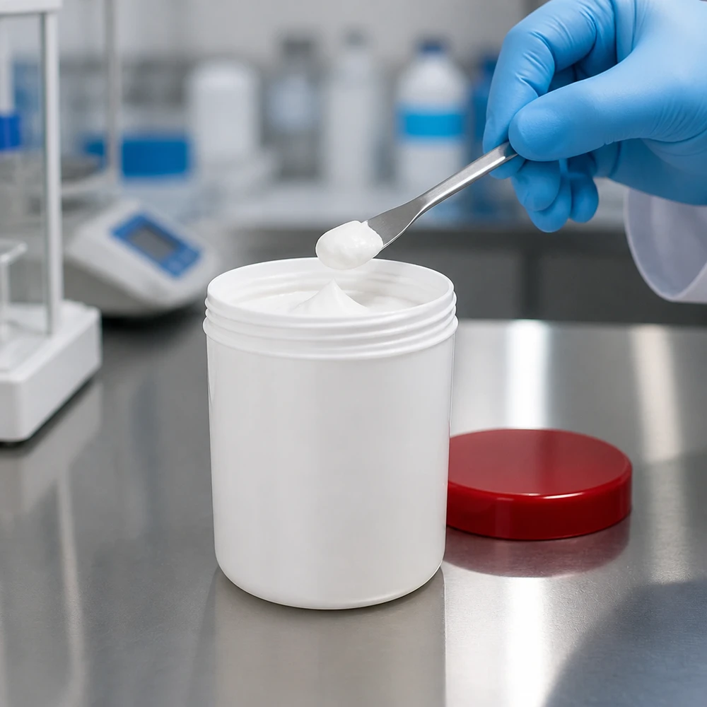 Biały słoik na maść o pojemności 150 g z czerwoną zakrętką w laboratorium podczas pobierania próbek za pomocą szpatułki