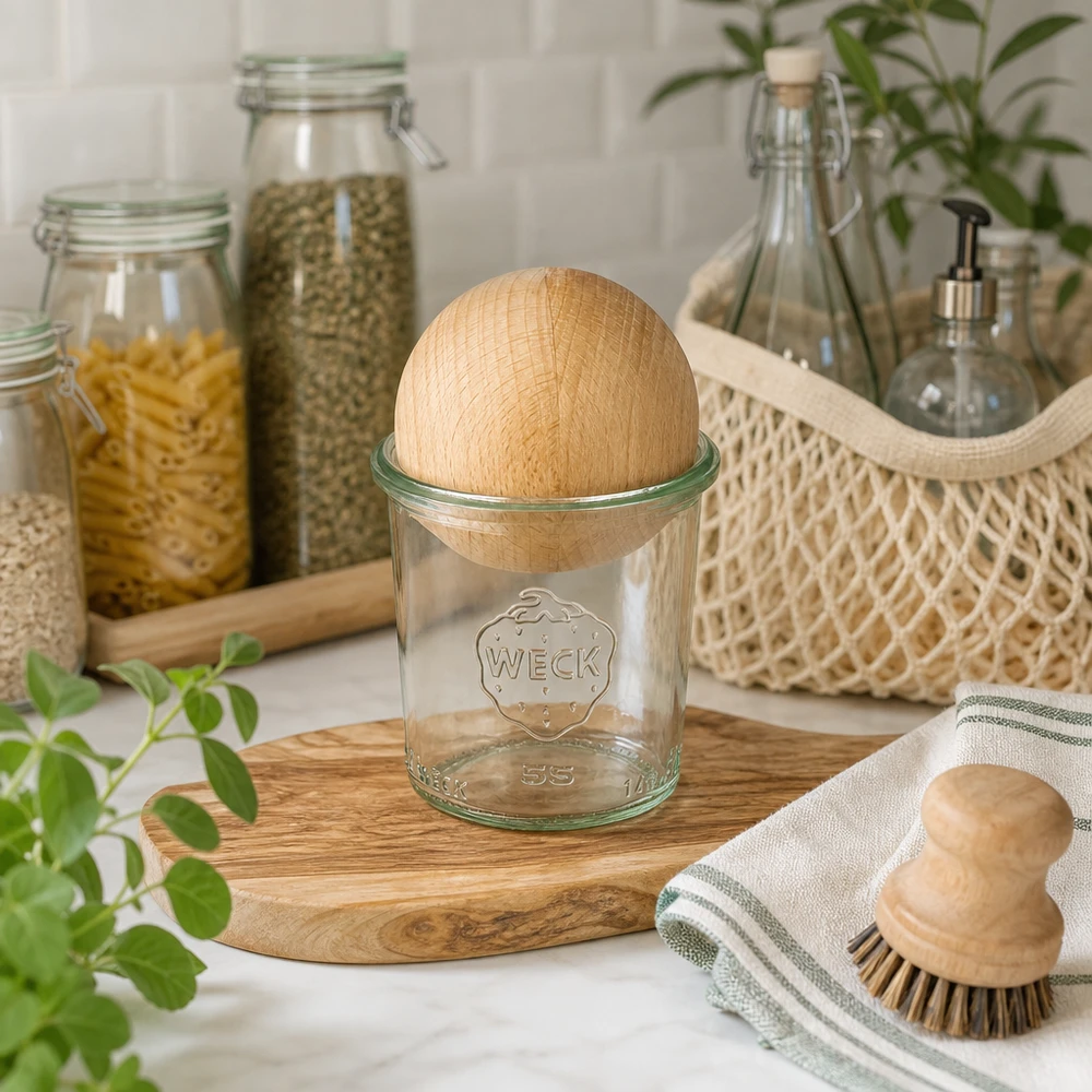 Kubki 140ml WECK RR60 z drewnianą kulką buk Kubki WECK 140ml RR60 z drewnianą kulką wykonane z drewna bukowego w zrównoważonej kuchni, otoczone słoikami do przechowywania i naturalnymi dodatkami