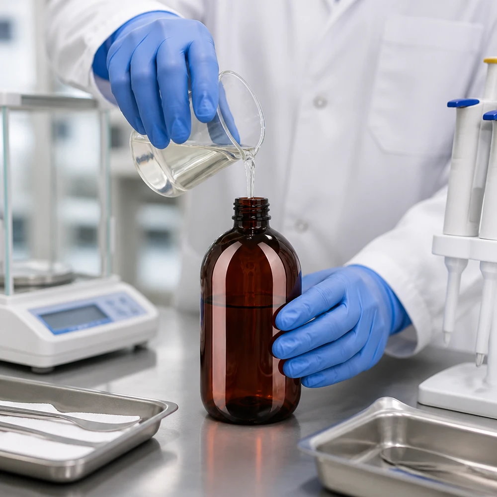Butelka PET 250ml z pompką dozującą biała Sterile Abfüllung einer transparenten Lösung in braune 250ml PET Flasche im Reinraumlabor