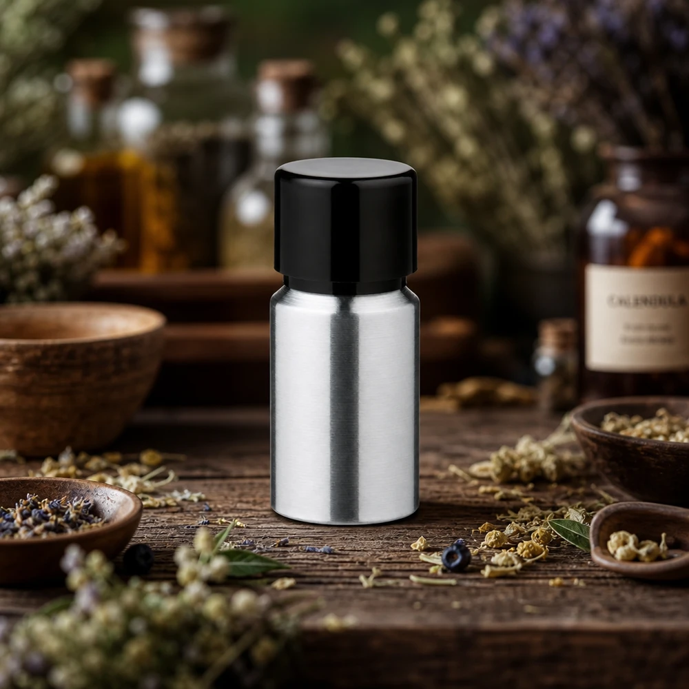 Butelka z polerowanego aluminium o pojemności 10 ml z zakrętką Wysokiej jakości aluminiowa butelka o pojemności 10 ml ze szczotkowaną metalową powierzchnią i bezpieczną zakrętką