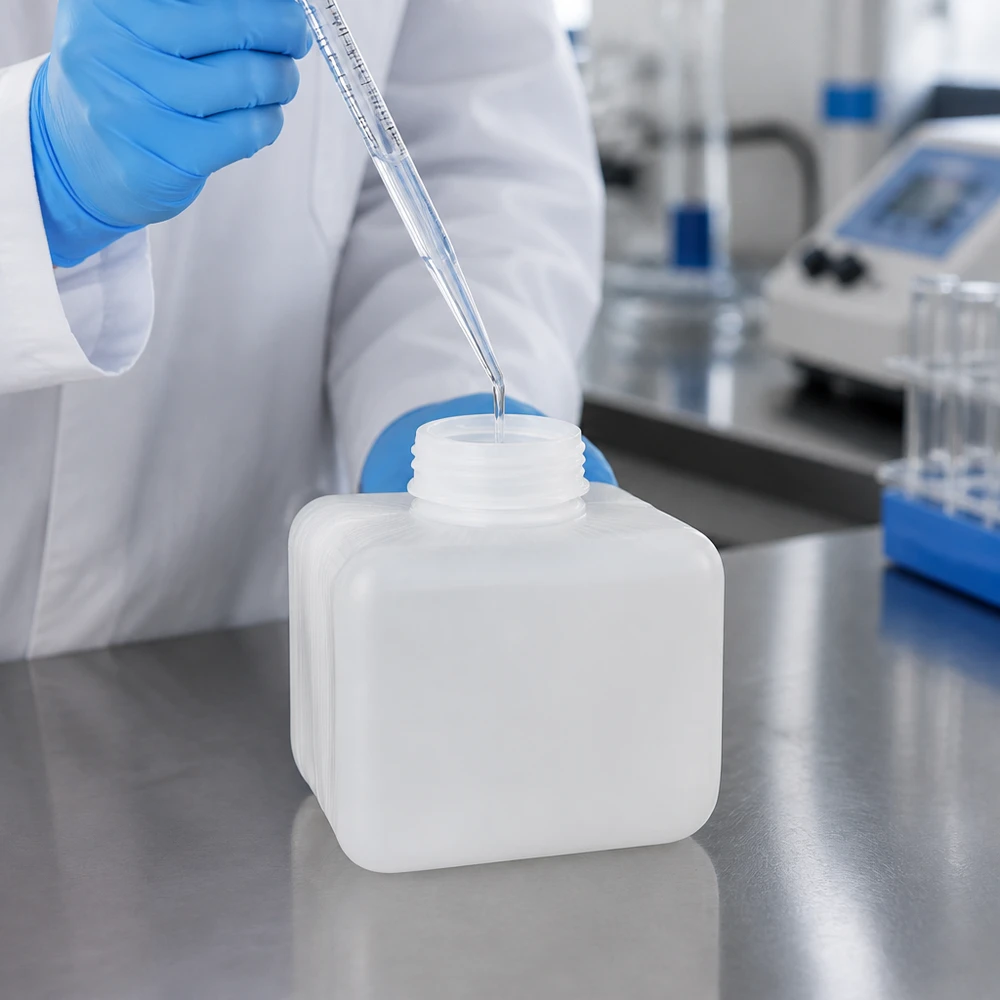 Butelka na chemikalia 250 ml, wąska szyjka z PE-HD, kolor naturalny Laborant napełnia w laboratorium butelkę na chemikalia z PE-HD o pojemności 250 ml i wąskiej szyjce za pomocą pipety