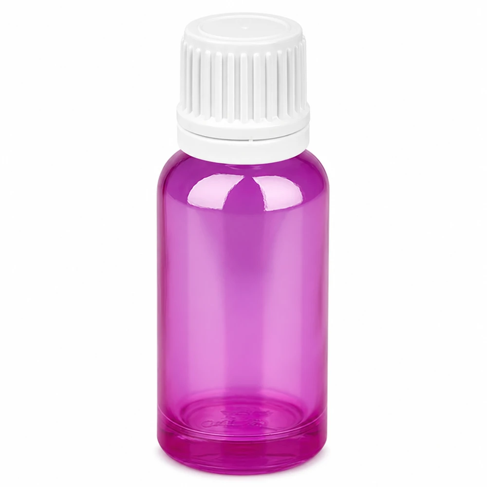Butelka z zakraplaczem 20 ml, fioletowa, przezroczysta, z białą zakrętką, otwór 0,7 mm