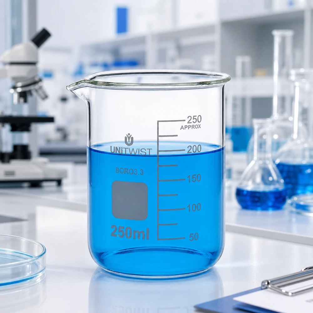 Szklanka UNiTWIST o pojemności 250 ml, niska, z borokrzemianu 3.3, z niebieską cieczą w laboratorium