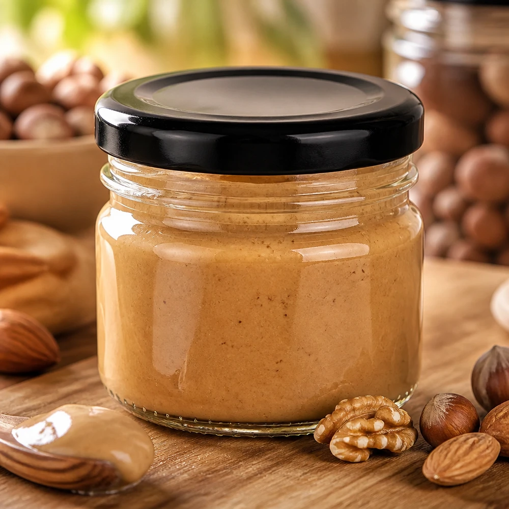 Okrągła szklanka 33 ml + czarna pokrywka BasicSeal UNiTWIST Pasta z orzechów w okrągłej szklance o pojemności 33 ml z czarną pokrywką BasicSeal, otoczona orzechami włoskimi i orzechami laskowymi