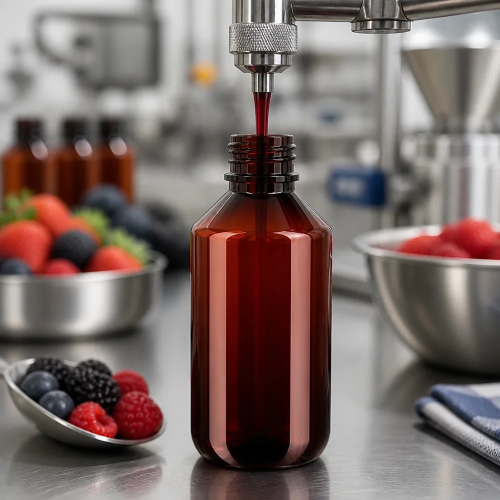 Linia rozlewnicza napełnia w laboratorium bursztynową butelkę PET o pojemności 200 ml ekstraktem z czerwonych jagód