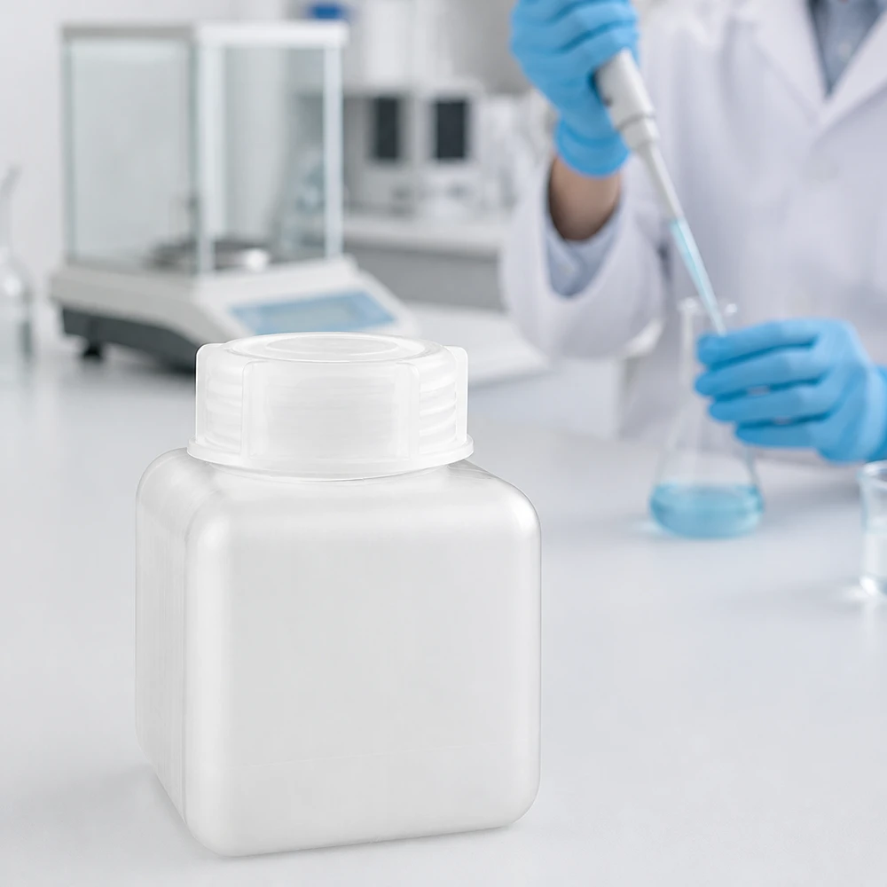 Butelka na chemikalia 500 ml, szeroka szyjka z PE-HD, kolor naturalny Butelka na chemikalia z PE-HD o pojemności 500 ml, z szeroką szyjką, w kolorze naturalnym, stojąca na stole laboratoryjnym, z wagą analityczną w tle