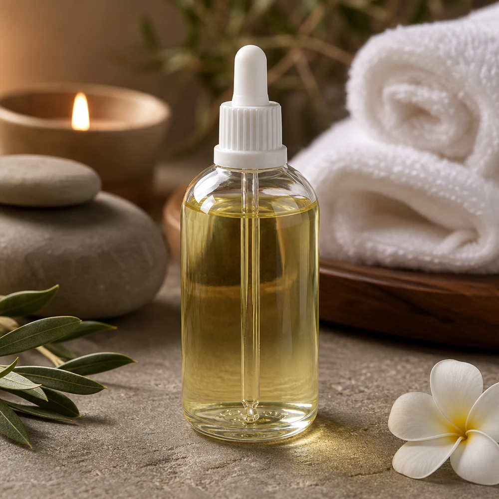 Mała biała buteleczka z pipetą ClearLine o pojemności 100 ml z akcesoriami spa: kamyczkami, świeczką i kwiatkiem
