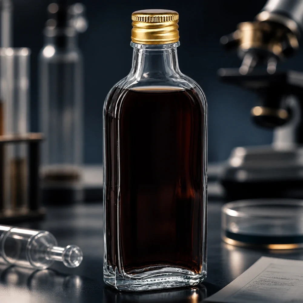 Napełniona przezroczysta szklana butelka Meplat o pojemności 100 ml ze złotym aluminiowym zakrętkiem PP22 w laboratorium naukowym