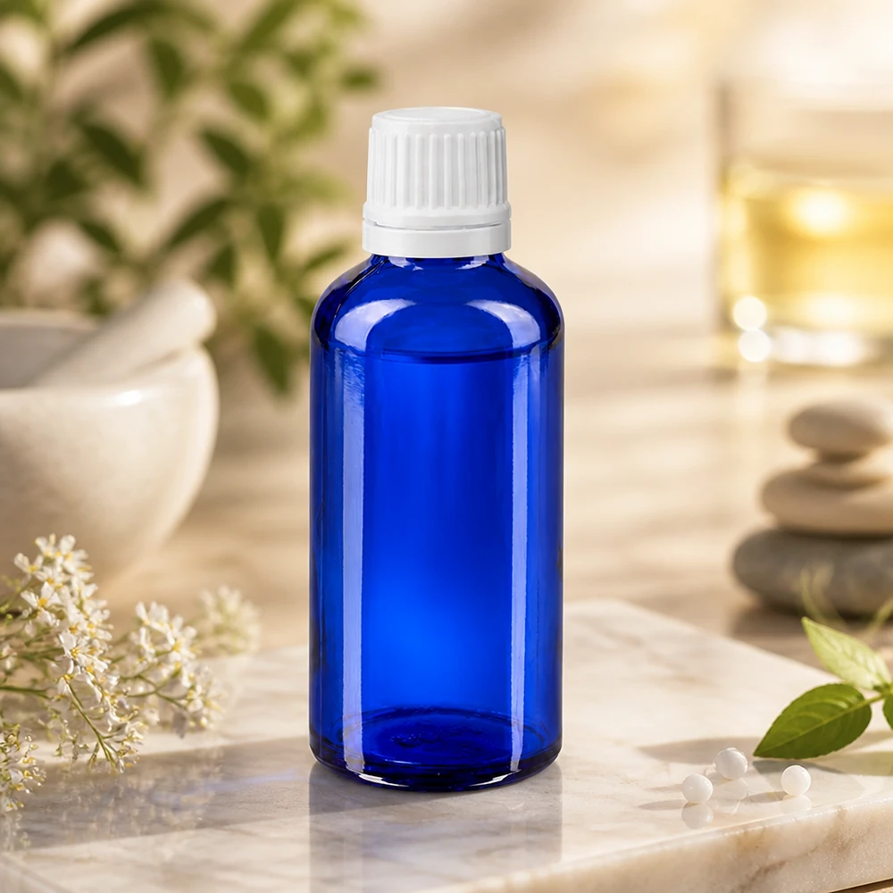 Butelka apteczna niebieska 50ml zakrętka biała OV Mała buteleczka apteczna o pojemności 50 ml, wykonana z kobaltowo-niebieskiego szkła, z białą nakrętką zabezpieczoną przed dziećmi