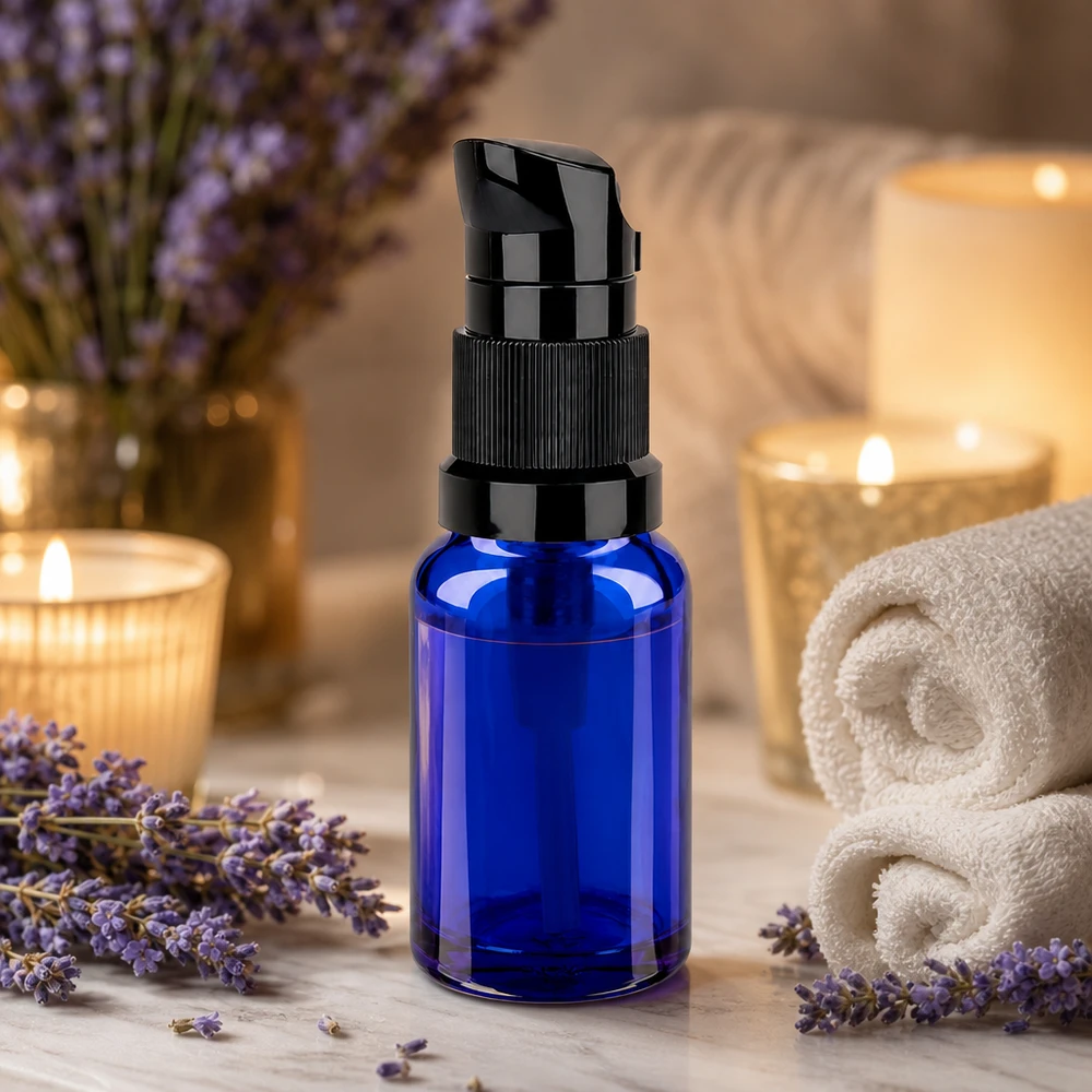 10 ml butelka z pompką czarna STD BlueLine UT18/10 Mała butelka z pompką 10 ml w kolorze ciemnoniebieskim z czarnym dozownikiem do precyzyjnego dozowania BlueLine UT18/10