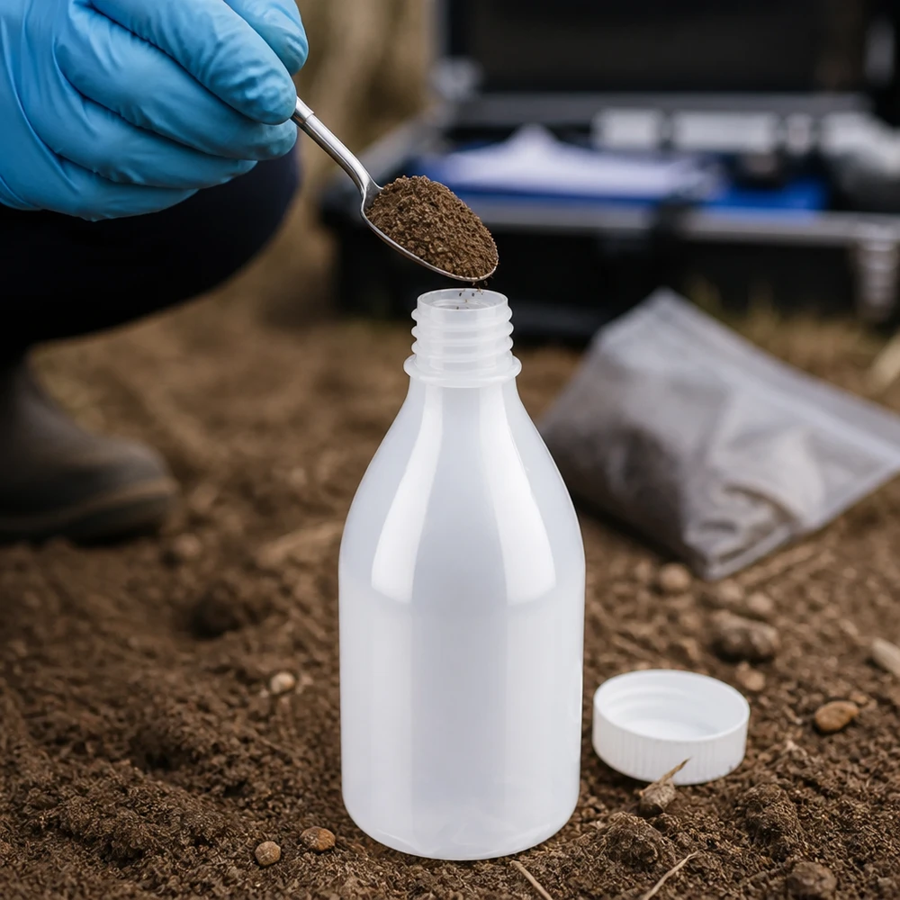 Próbkę gleby nabiera się szpatułką i umieszcza w plastikowej butelce laboratoryjnej o wąskiej szyjce i pojemności 100 ml, bez nakrętki