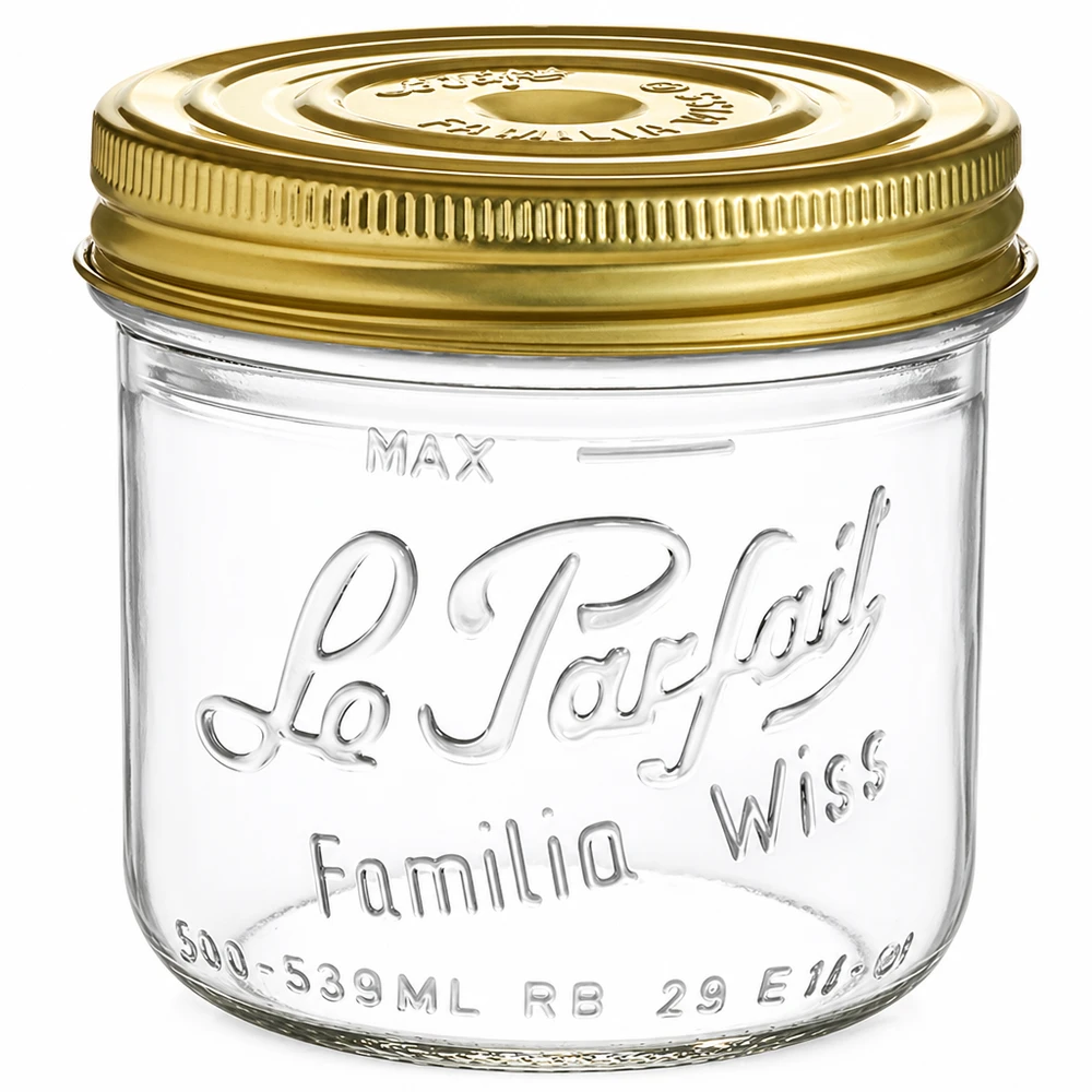 539 ml słoik Familia Wiss ze złotą zakrętką Le Parfait do przechowywania przetworów