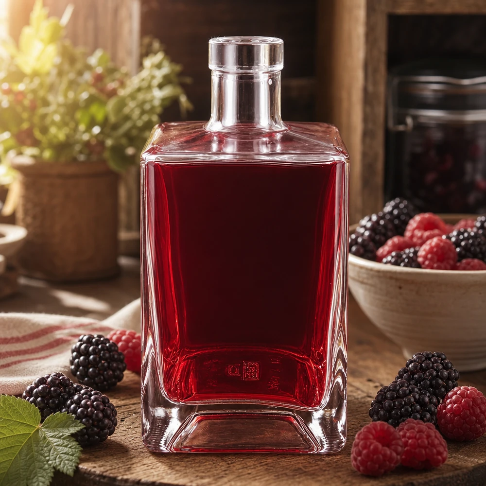 Szklana butelka Ben 700 ml bez zamknięcia UNiTWIST® Szklana butelka Ben o pojemności 700 ml z czerwonym likierem jagodowym otoczonym jeżynami i malinami na rustykalnym drewnie