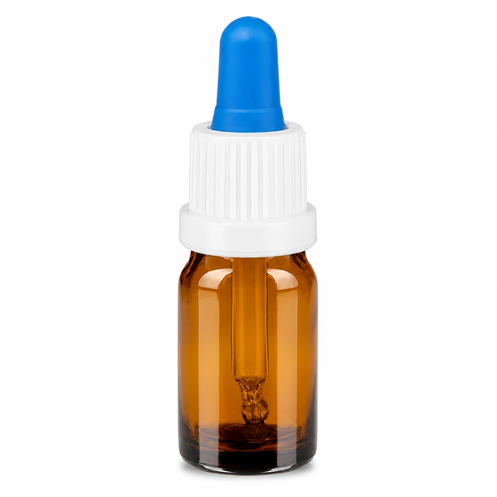 Butelka z pipetą o pojemności 5 ml wykonana z bursztynowego szkła z białą zakrętką i niebieską pipetą do precyzyjnego dozowania.