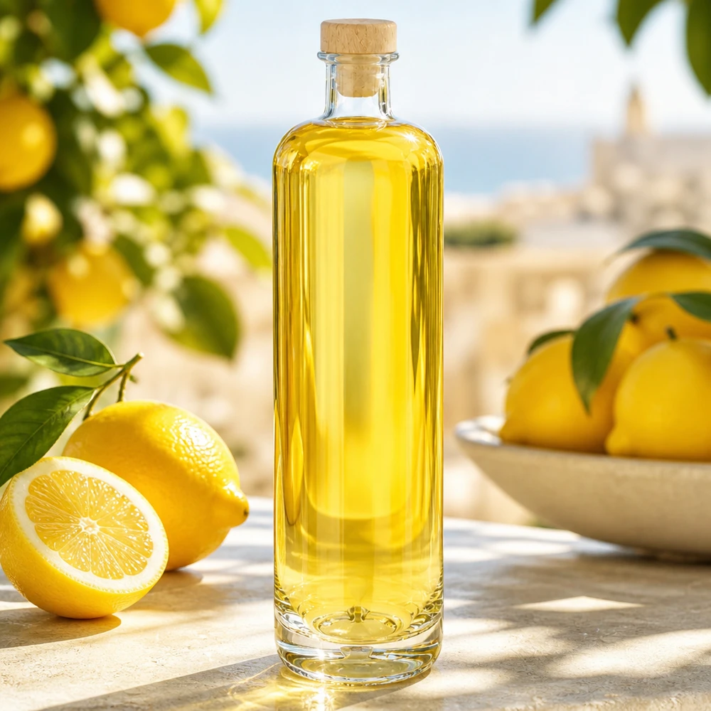 Szklana butelka Ella o pojemności 700 ml z żółtą zawartością i drewnianym korkiem w śródziemnomorskiej cytrynowej oprawie na drewnianym stole