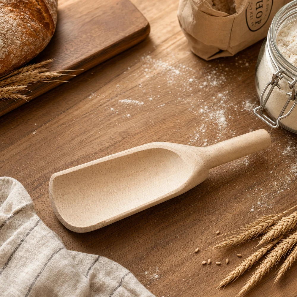Drewniany czerpak L 18cm płaski na drewnianej stolnicy z kłosami mąki i ręcznikiem kuchennym akcesoria do pieczenia wykonane z naturalnego drewna