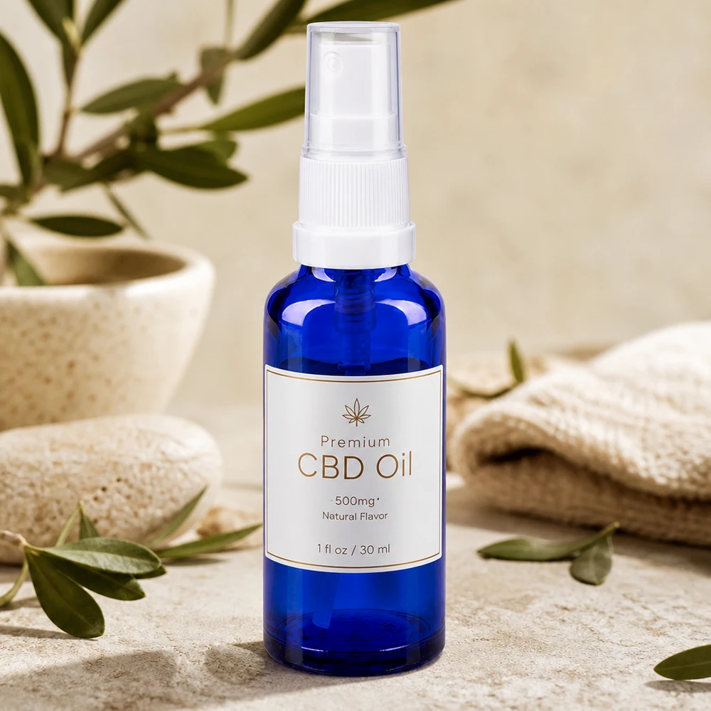Niebieska buteleczka apteczna o pojemności 10 ml z pompką rozpylającą do oleju CBD 500 mg o naturalnym smaku, 30 ml