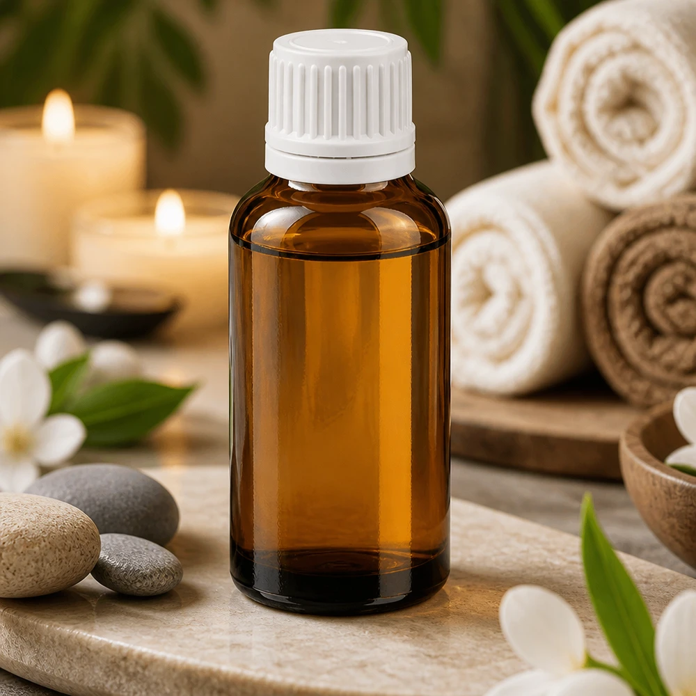 Wysokiej jakości bursztynowa szklana butelka 30 ml z ochroną przed światłem i białą zakrętką do kosmetyków i wellness
