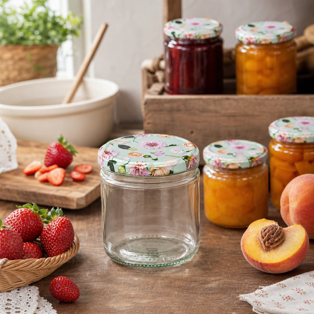 Słoik cylindryczny 230 ml z pokrywką BasicSeal kwiat mięty w kuchennej scenerii ze świeżymi owocami i domowymi dżemami