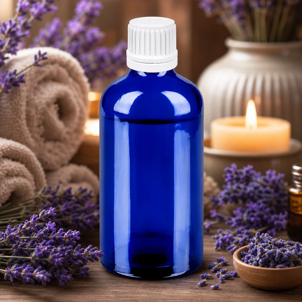 Butelka 100 ml 11 mm SV biała OV BlueLine UT18/100 Butelka aptekarska 100 ml w eleganckim niebieskim kolorze z białą zakrętką do aromaterapii i kosmetyków naturalnych