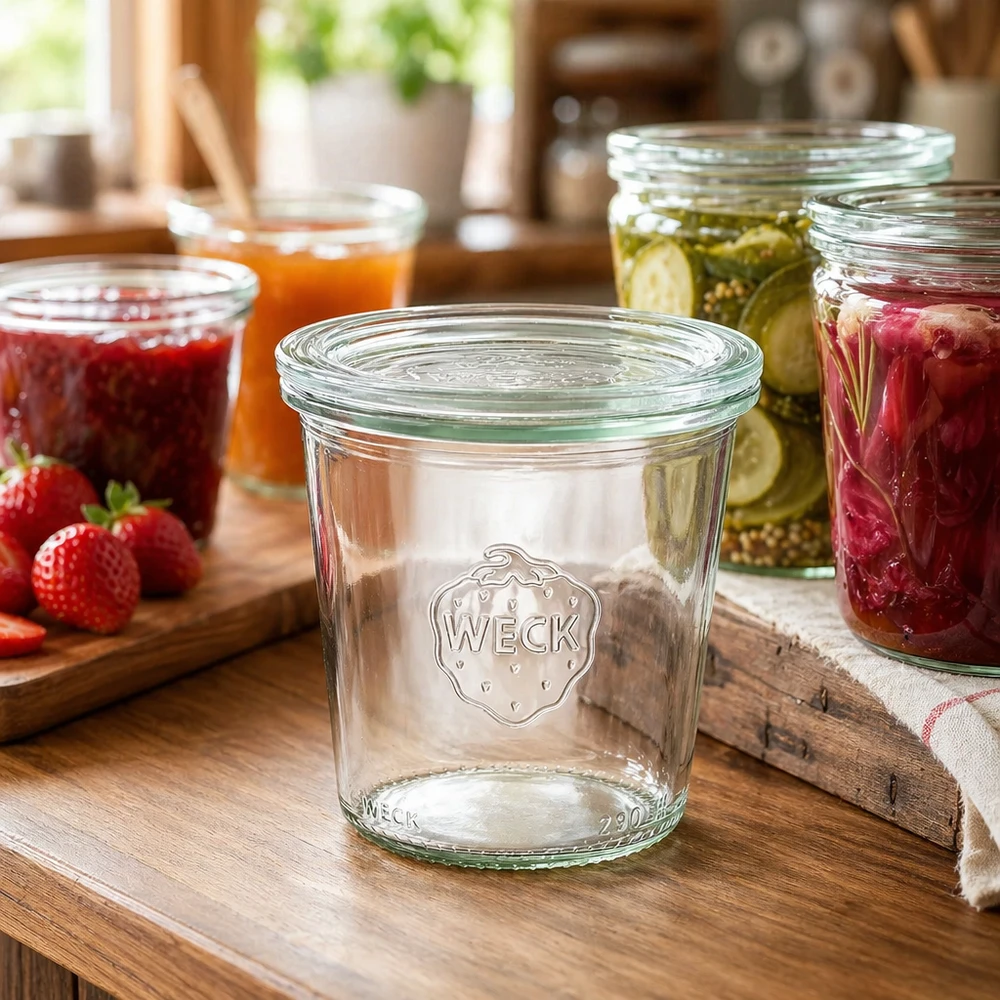 Kubki wysokie 290ml ze szklaną pokrywką WECK RR80 Słoik na przetwory WECK 290 ml w kuchni z kolorowymi dżemami i przetworami jako przykład zastosowania do przechowywania