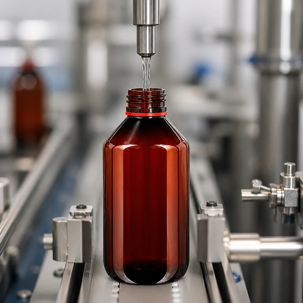 Butelka PET 500 ml z białą/czerwoną nakrętką OV Automatyczna linia rozlewnicza napełnia brązową butelkę PET o pojemności 500 ml z czerwonym zamknięciem zabezpieczającym