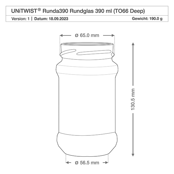UNiTWIST Runda390 - Okrągły słoik o pojemności 390ml TO70 Rysunek techniczny UNiTWIST Runda390 okrągła szklanka 390ml TO66 Deep o wymiarach 65mm średnica 130.5mm wysokość