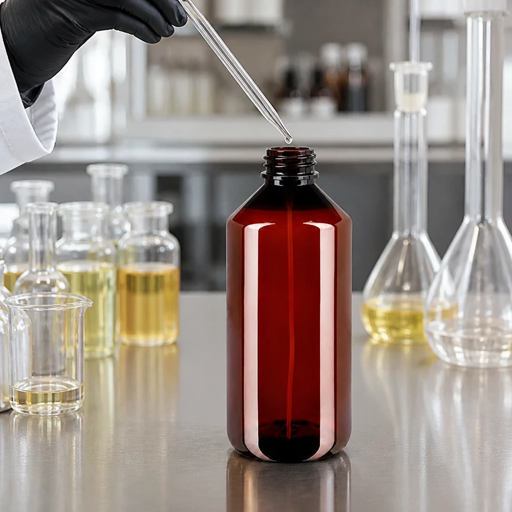 Butelka PET 1000ml z atomizerem biała Brązowa butelka z tworzywa PET o pojemności 1000 ml bez nakrętki na stole ze stali nierdzewnej w profesjonalnym laboratorium