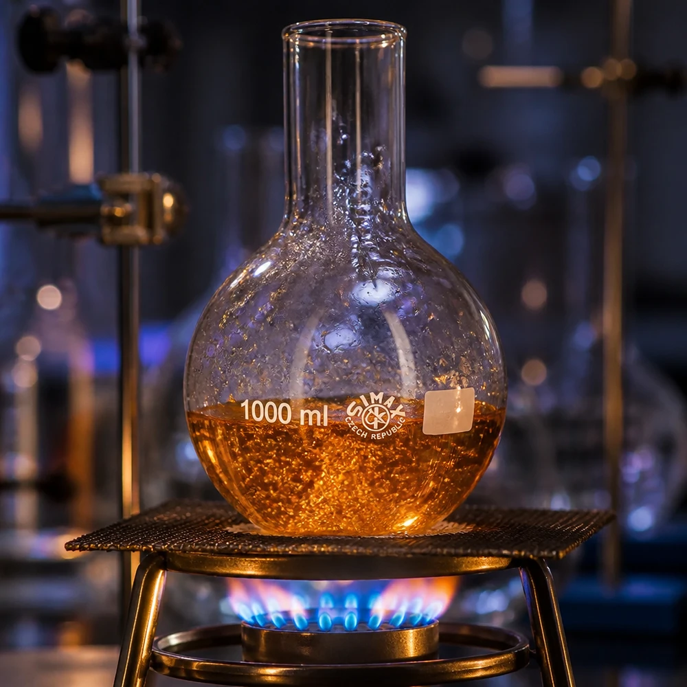 Kolba biodrowa z szeroką szyjką 1000 ml Kolba 1000 ml z szeroką szyjką do podgrzewania nad palnikiem Bunsena w profesjonalnym środowisku laboratoryjnym