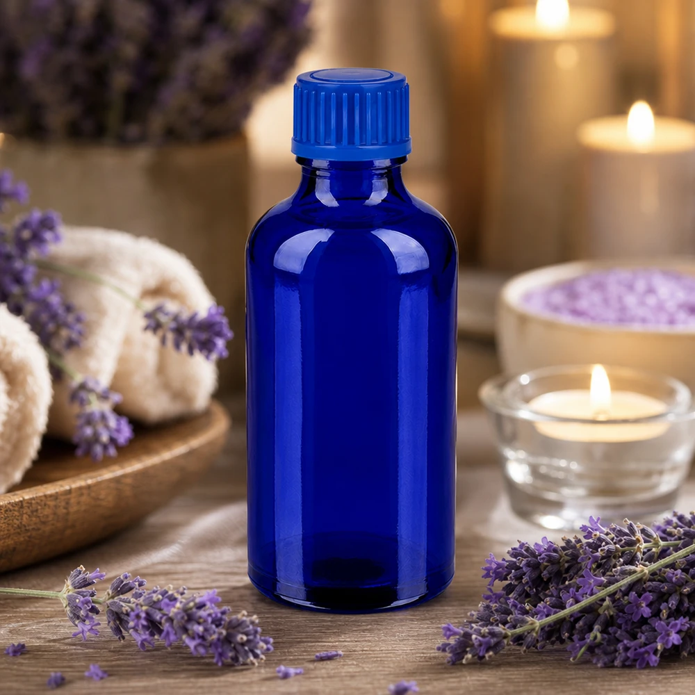 50 ml kobaltowo-niebieska szklana butelka SV blue STD BlueLine z ochroną UV do kosmetyków i odnowy biologicznej