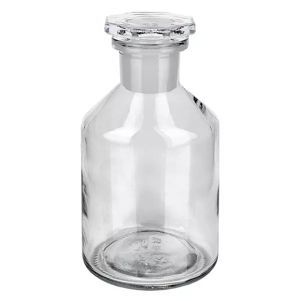 Butelka z wąską szyjką i przezroczystym korkiem o pojemności 50 ml Butelka z prostymi ściankami o pojemności 50 ml, wykonana z przezroczystego szkła, z szklanym korkiem, przeznaczona do zastosowań laboratoryjnych