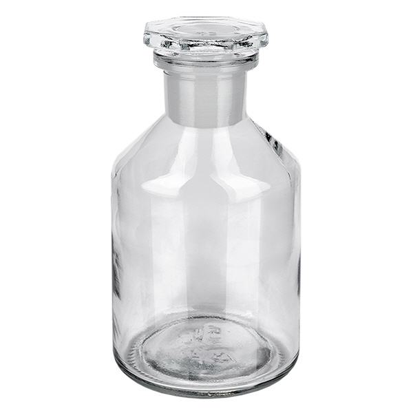 Butelka z wąską szyjką i przezroczystym korkiem o pojemności 50 ml Butelka z prostymi ściankami o pojemności 50 ml, wykonana z przezroczystego szkła, z szklanym korkiem, przeznaczona do zastosowań laboratoryjnych