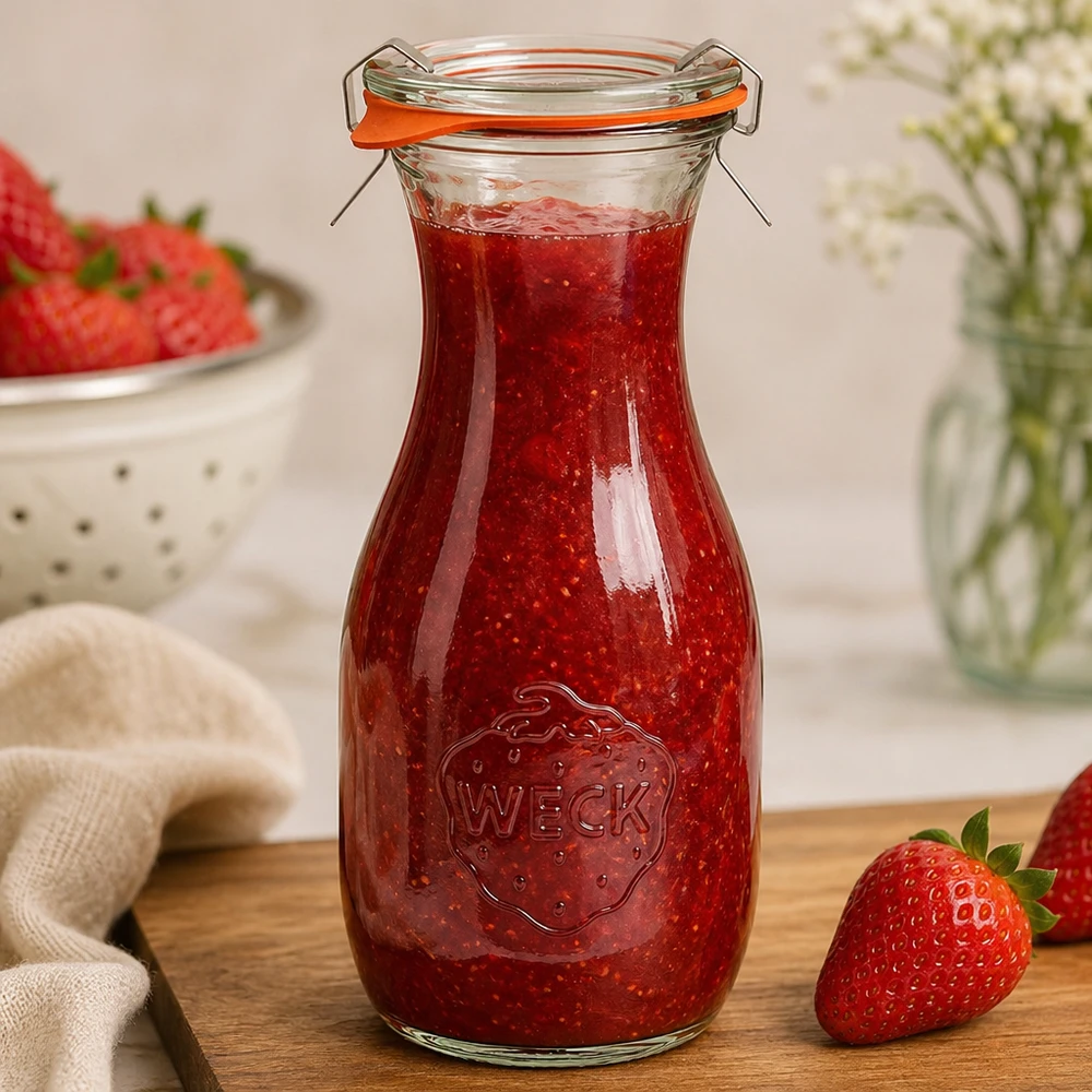 Butelka na sok WECK 530 ml wypełniona dżemem truskawkowym pokazuje praktyczne zastosowanie słoika do przetworów RR60