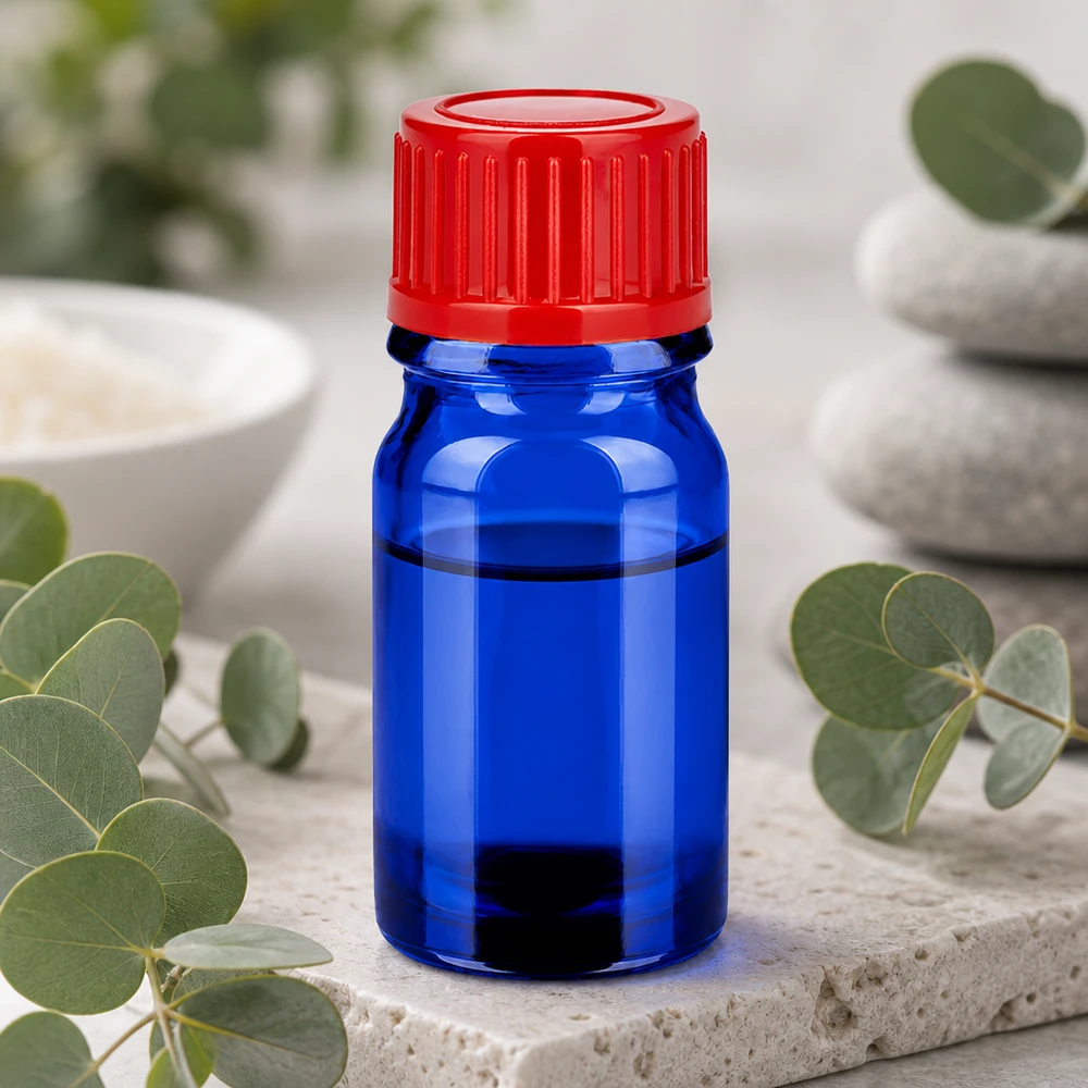 Wysokiej jakości szklana butelka BlueLine o pojemności 5 ml z wytrzymałą czerwoną plastikową zakrętką do bezpiecznego przechowywania