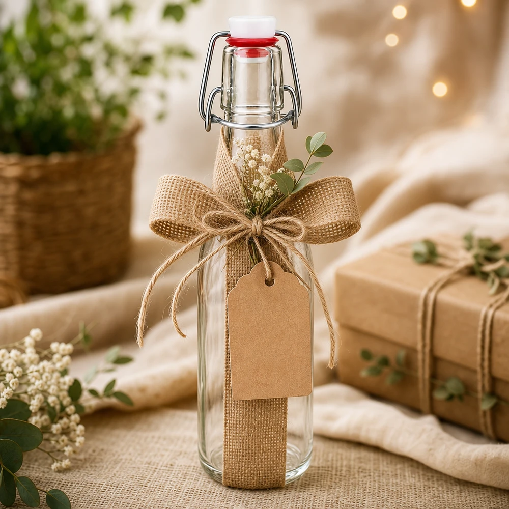 250ml Glasflasche mit Bügelverschluss als Geschenk dekoriert mit Juteschleife, Anhänger und getrockneten Blumen