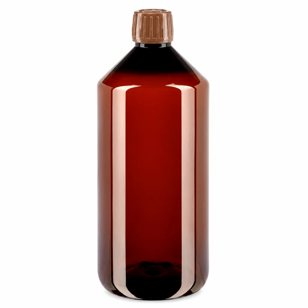 Butelka PET 1000ml z brązową nakrętką OV Butelka PET o pojemności 1000 ml w kolorze bursztynowym z brązową oryginalną nakrętką z przezroczystego tworzywa sztucznego