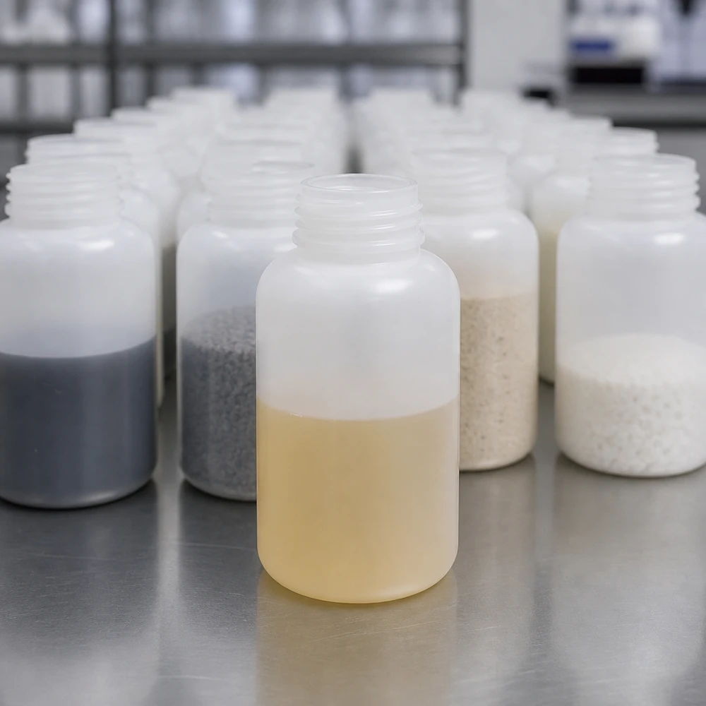 Butelka laboratoryjna o szerokiej szyjce o pojemności 500 ml, wypełniona do połowy żółtawą cieczą, bez nakrętki