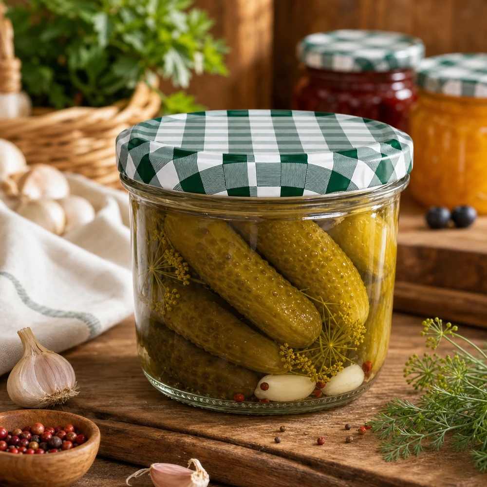 Słoik 230ml do kiszenia korniszonów wypełniony pokrywką BasicSeal zielono-biała szachownica Konserwowanie Koperek Czosnek niebieski
