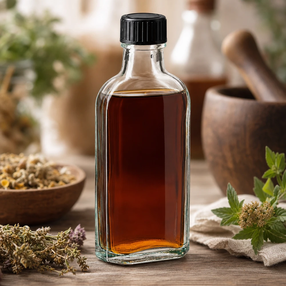 Brązowa nalewka w szklanej butelce Meplat o pojemności 100 ml z czarną zakrętką, wśród świeżych ziół leczniczych