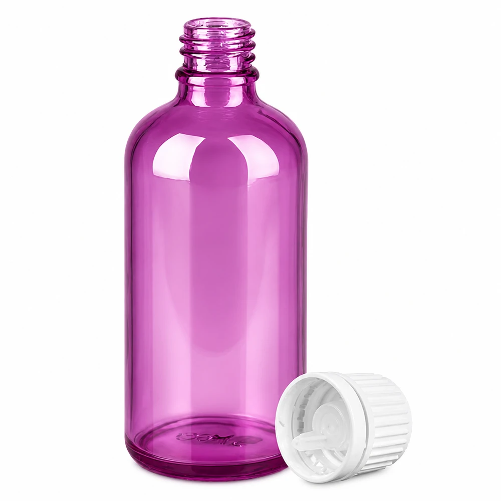 Butelka z zakraplaczem 100 ml 0,7 mm biała Oryginalna zakrętka PurpleLine UT18/100 Fioletowa plastikowa butelka z zakraplaczem o pojemności 100 ml i otworem dozującym 0,7 mm do olejków eterycznych