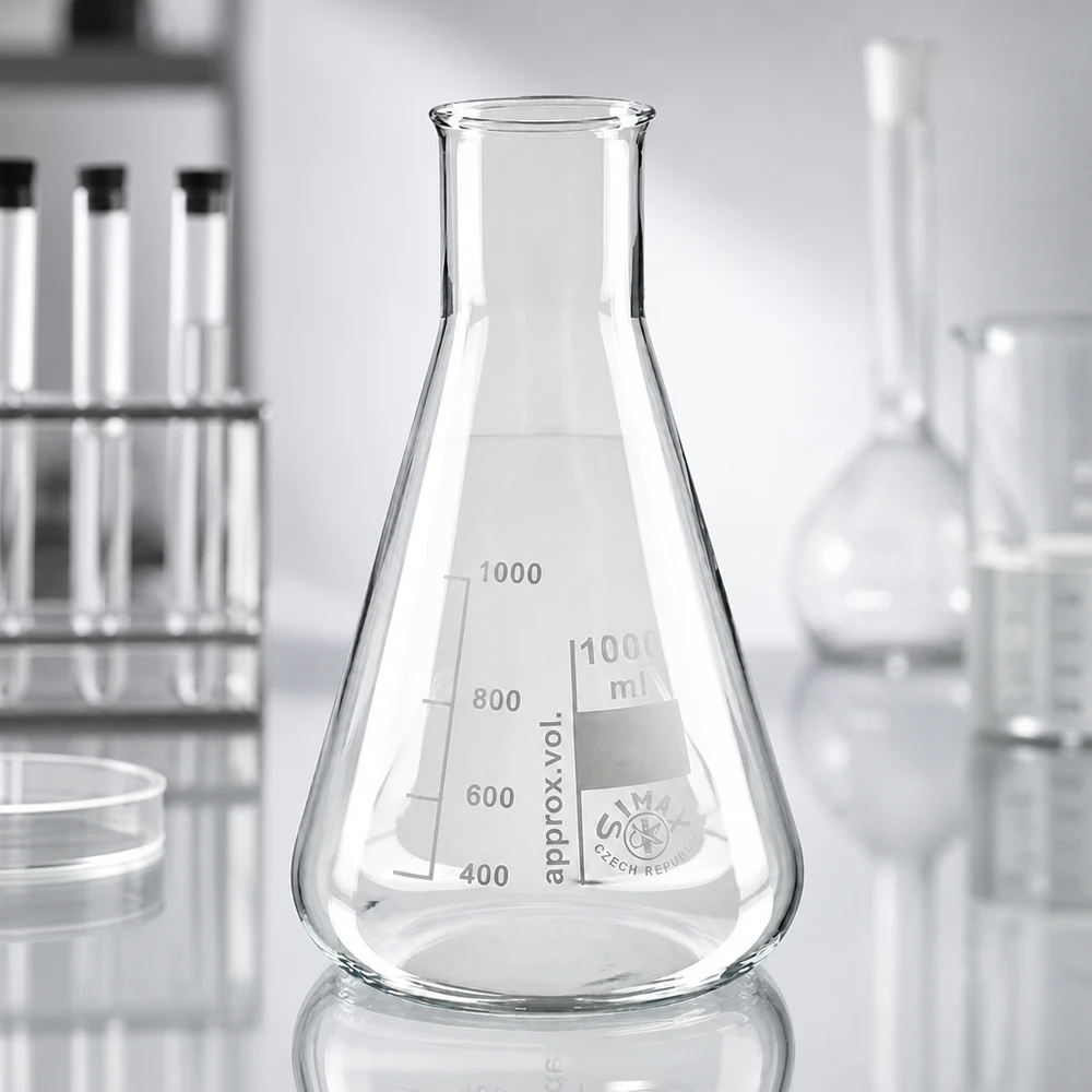 Kolba Erlenmeyera o pojemności 200 ml z szeroką szyjką wykonana z żaroodpornego szkła do syntez i reakcji