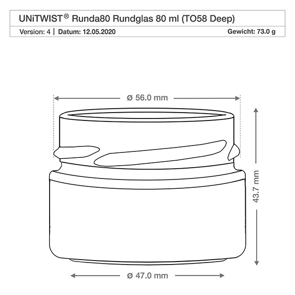 UNiTWIST Runda80 - Okrągły słoik o pojemności 80ml TO58deep UNiTWIST szklanka okrągła 80ml TO58 Deep o wymiarach 56mm średnicy i 43,7mm wysokości rysunek techniczny
