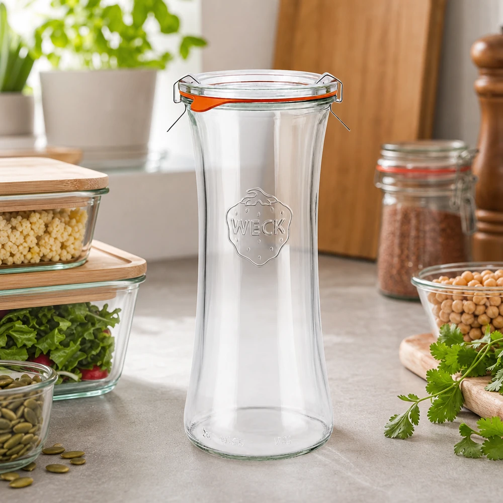 WECK 700ml słoik delikatesowy RR80 pusty z pokrywką w nowoczesnej kuchni między słoikami do przechowywania a świeżymi ziołami