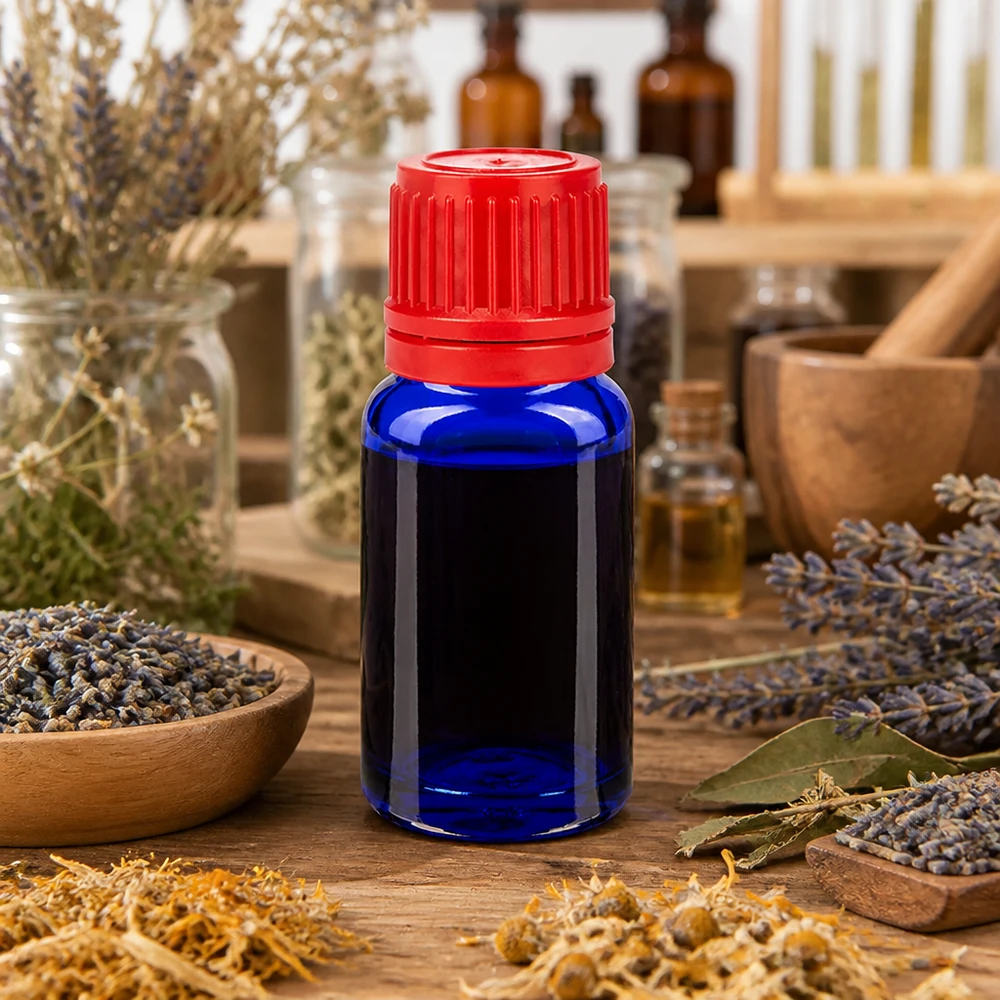 10 ml niebieska butelka aptekarska z czerwoną zakrętką 11 mm do leków homeopatycznych i esencji