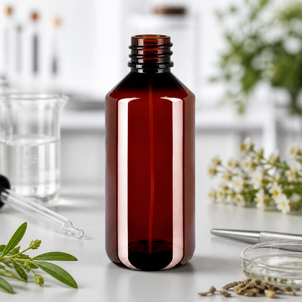 Butelka PET 1000ml z atomizerem biała Pusta brązowa butelka PET o pojemności 1000 ml z gwintem, bez nakrętki, na białym blacie laboratoryjnym