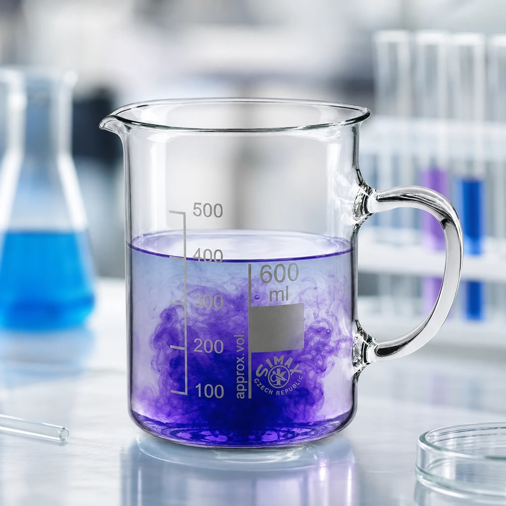 Zlewka 600 ml ze szkła borokrzemowego, z uchwytem Szklanka o pojemności 600 ml z uchwytem, wykonana z żaroodpornego szkła borokrzemowego, zawierająca fioletowy płyn