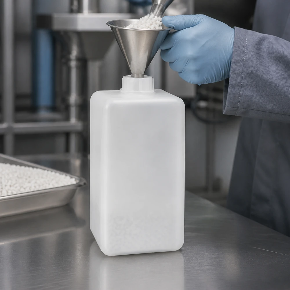 Granulat jest napełniany przez metalowy lejek do butelki na chemikalia o pojemności 1500 ml, wykonanej z PE-HD, z wąską szyjką, w kolorze naturalnym